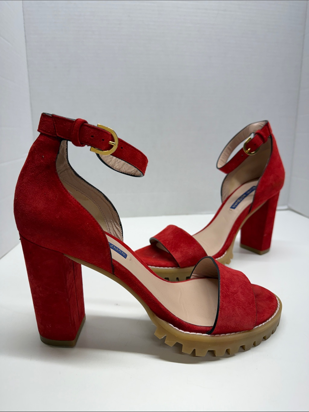 Stuart Weitzman Winona Sandals High Heel Shoes Suede Open Toe Lug Sole Red 8.5